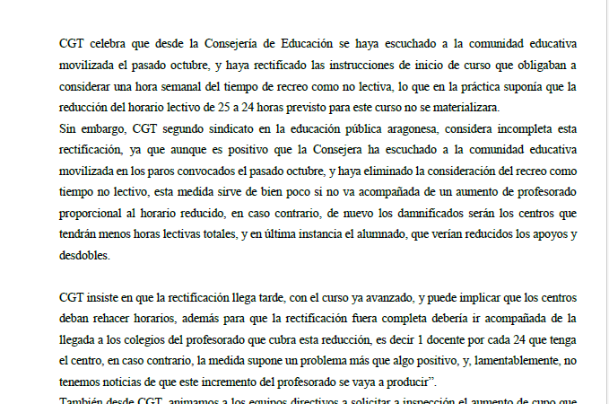 Alrecreo: CGT encuentra insuficiente el anuncio de la Consejera de Educación de rectificación de las instrucciones de inicio de curso