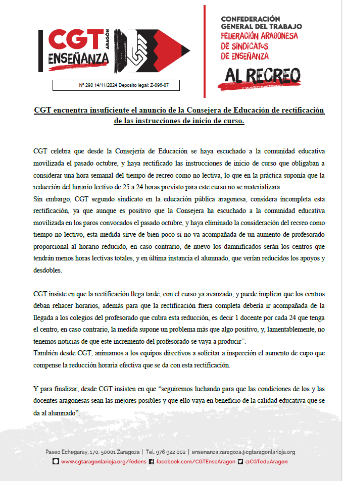 Alrecreo: CGT encuentra insuficiente el anuncio de la Consejera de Educación de rectificación de las instrucciones de inicio de curso