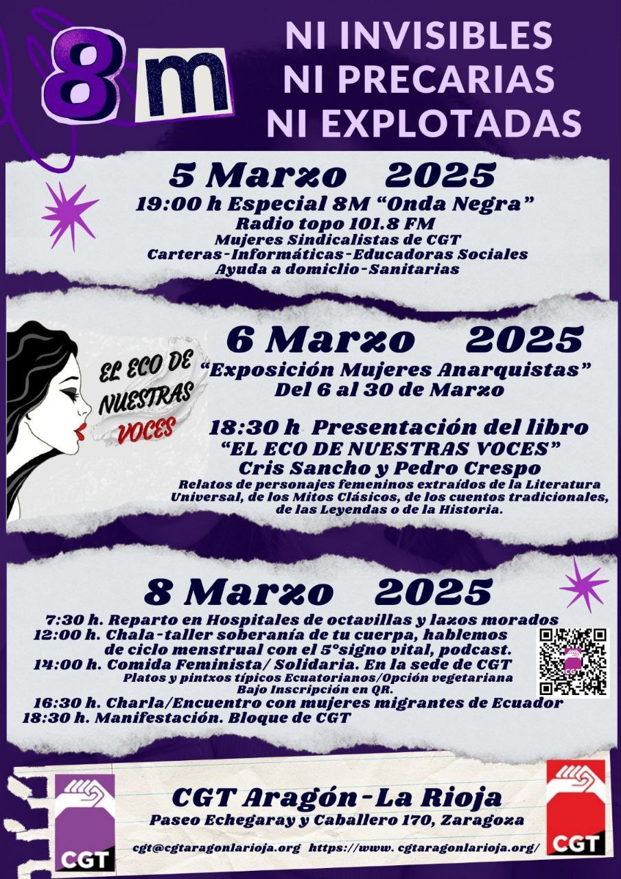 Con motivo del 8 de Marzo, Día Internacional de la Mujer trabajadora desde CGT hemos organizado los siguientes actos.